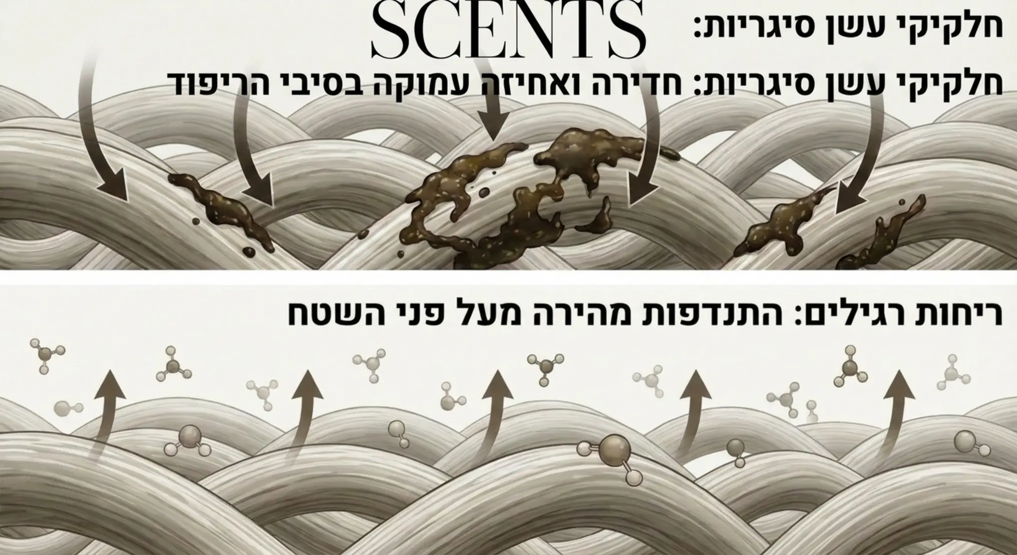 אינפוגרפיקה המציגה כיצד חלקיקי עשן הסיגריות חודרים לתוך סיבי הריפוד של מושבי הרכב ונאחזים בהם ברמה המיקרוסקופית לעומת ריחות רגילים שמתנדפים מהר