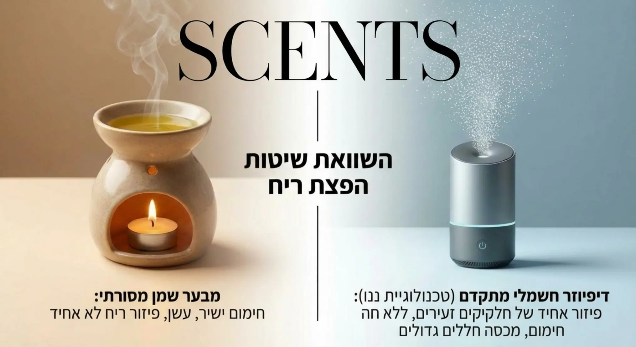 אינפוגרפיקה מקצועית המחלקת את המסך לשניים, צד אחד מציג מבער שמן מסורתי עם נר ששורף את השמן ומוציא עשן קל, והצד השני מציג דיפיוזר חשמלי מתקדם בטכנולוגיית ננו שמפזר חלקיקי ריח זעירים ואחידים ברחבי כל חלל החדר ללא חימום