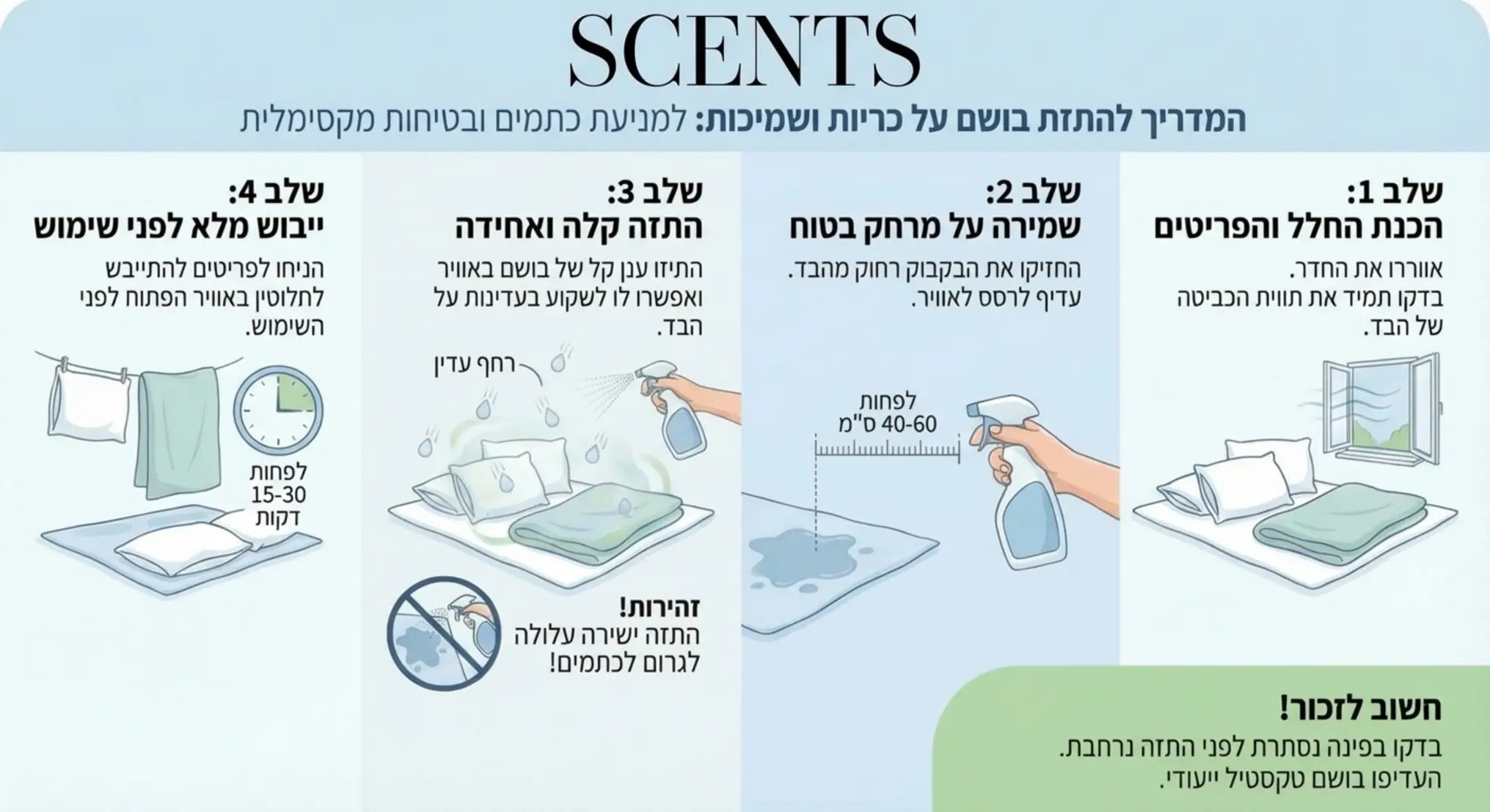 אינפוגרפיקה המדגימה את השלבים הנכונים להתזת חומר בישום על כריות ושמיכות ממרחק בטוח למניעת כתמים, מלווה באיורים של טיפות רחף עדינות