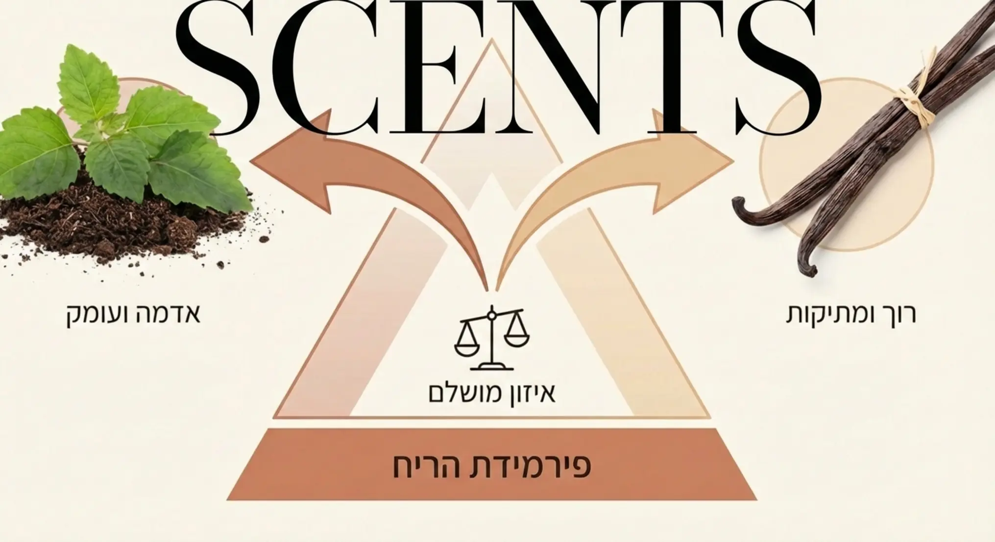 אינפוגרפיקה המציגה את פירמידת הריח, כאשר בצד אחד תמונה של מקל וניל המייצג רוך ומתיקות, ובצד השני עלי פצ'ולי המייצגים אדמה ועומק, עם חצים המתחברים למרכז ליצירת איזון מושלם