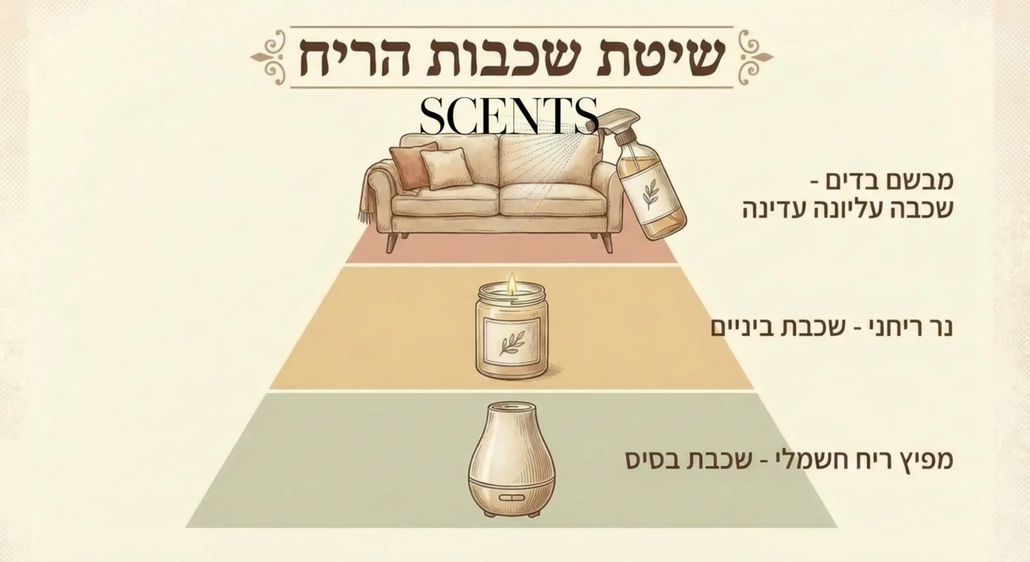 איור המדגים את שיטת שכבות הריח: בסיס של מפיץ ריח חשמלי, שכבה נוספת של נר ריחני, ושכבה עדינה של מבשם בדים על הספה