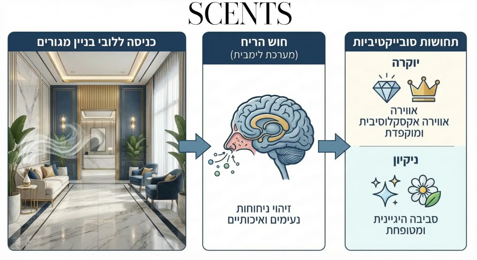 אינפוגרפיקה המציגה את הקשר הישיר בין חוש הריח לבין תחושת היוקרה והניקיון בעת כניסה ללובי של בניין מגורים