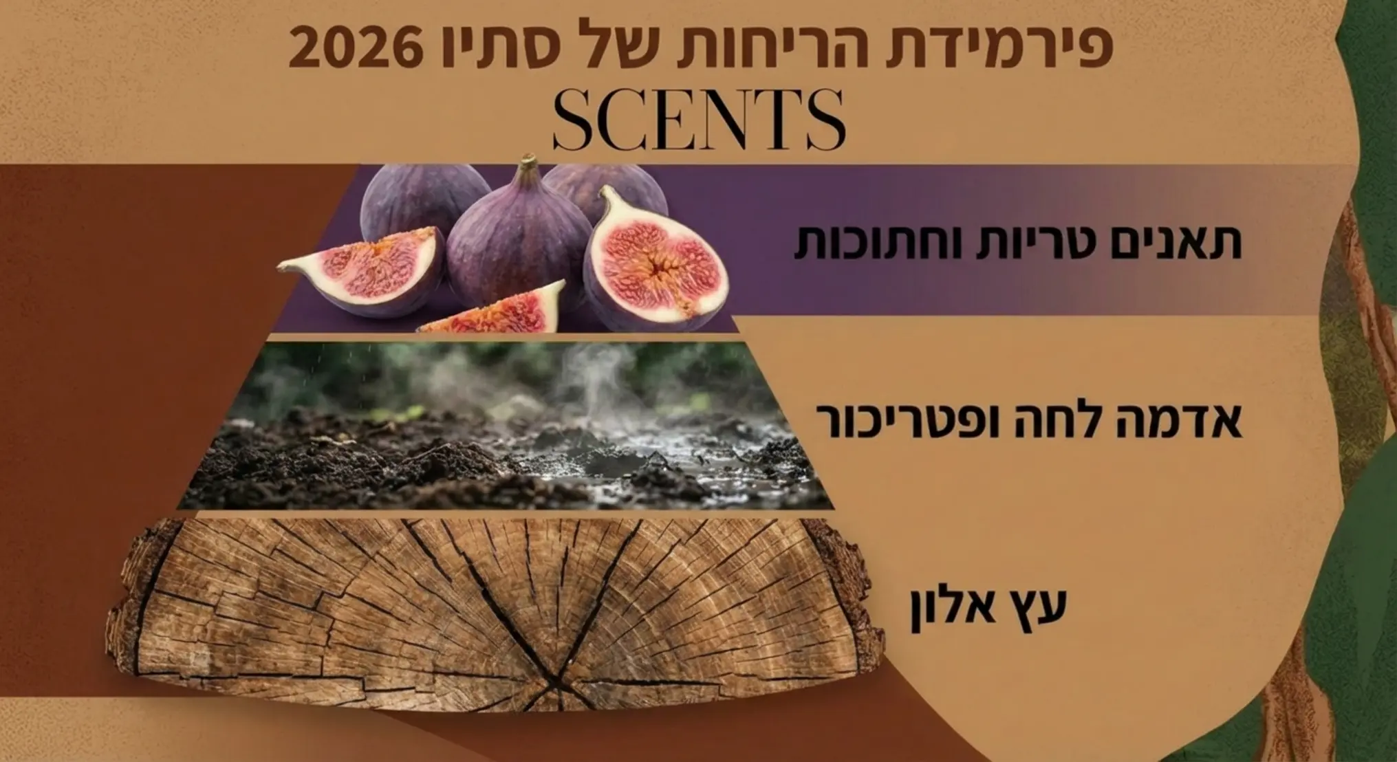 אינפוגרפיקה המציגה את פירמידת הריחות של סתיו 2026. בבסיס עץ אלון, באמצע אדמה לחה ופטריכור, ובראש תאנים טריות וחתוכות. העיצוב בצבעים חמים של חום סגול וירוק כהה