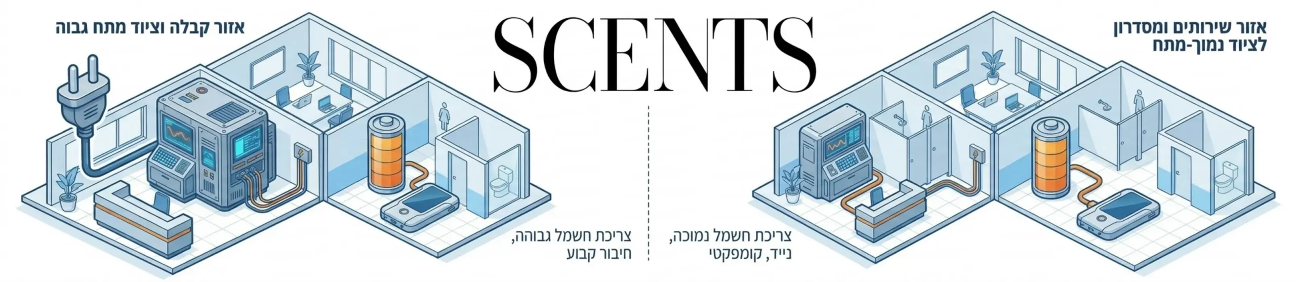 אינפוגרפיקה מקצועית המחלקת חלל וירטואלי של משרד לשני אזורים שונים. בצד אחד מופיע אזור הקבלה הגדול עם אייקון בולט של תקע חשמלי ומכשיר גדול, ובצד השני מוצג אזור השירותים והמסדרון עם אייקון של סוללה ומכשיר קומפקטי