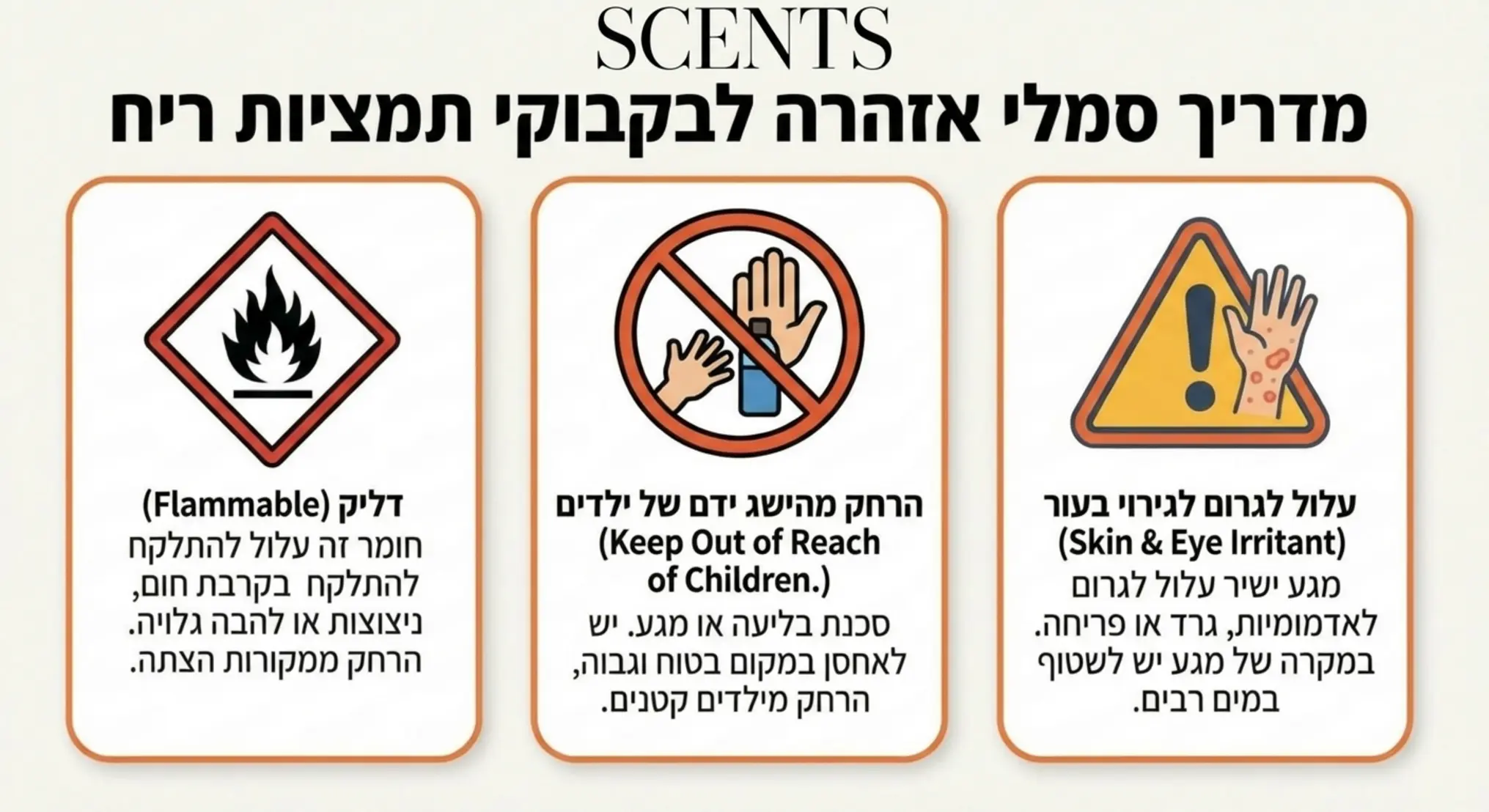 אינפוגרפיקה המציגה את סמלי האזהרה השונים המופיעים על בקבוקי תמציות ריח, כולל סמל דליקות, סמל הרחקה מילדים וסמל גירוי לעור, עם הסבר מפורט בעברית לצד כל סמל