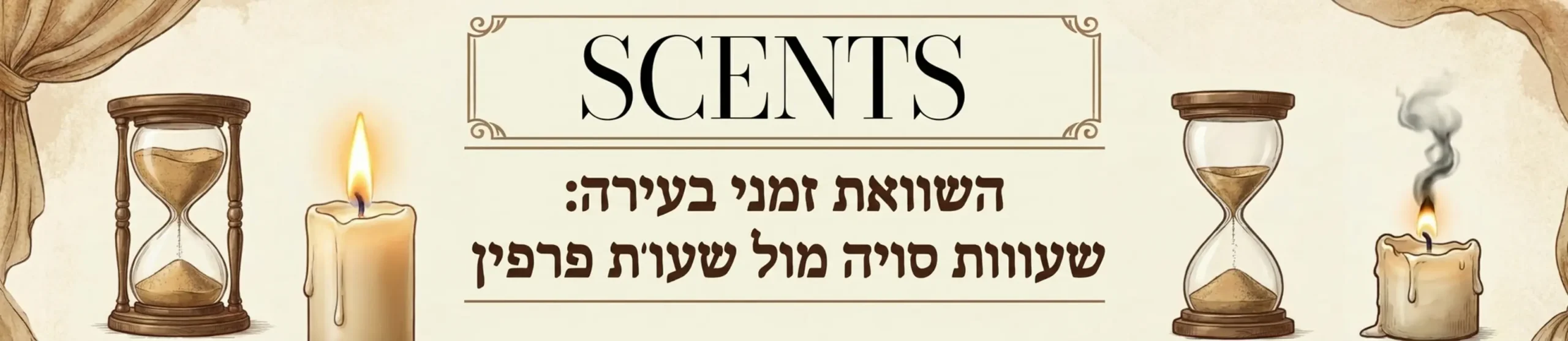 טבלה ויזואלית מעוצבת המשווה בין זמן הבעירה של שעוות סויה לזמן הבעירה של פרפין, כולל איורים של שעון חול ונרות נמסים בהתאמה