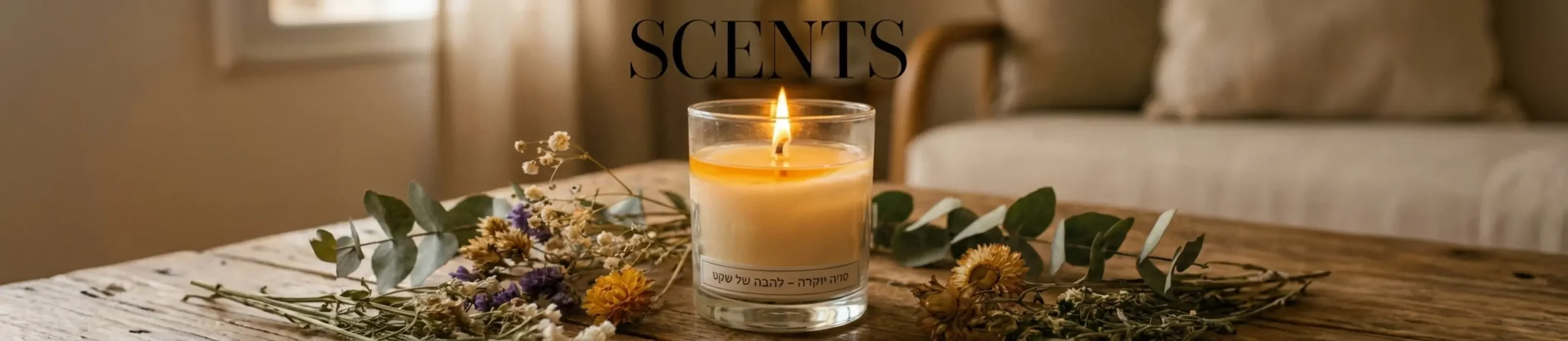 צילום תקריב של נר סויה יוקרתי דולק בכלי זכוכית מעוצב, מונח על שולחן עץ לצד פרחים יבשים באווירה חמימה ומרגיעה