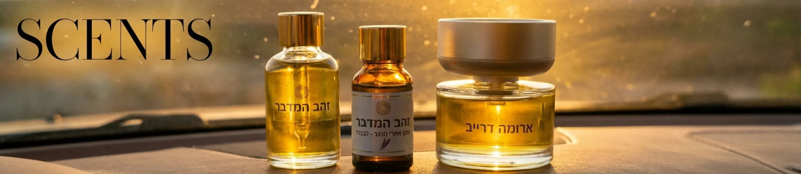 תקריב של בקבוקוני שמן אתרי יוקרתיים לצד מפיץ ריח מקצועי לרכב, מונחים על לוח המחוונים כשהשמש משתקפת ברקע ומאירה את הנוזל הזהוב