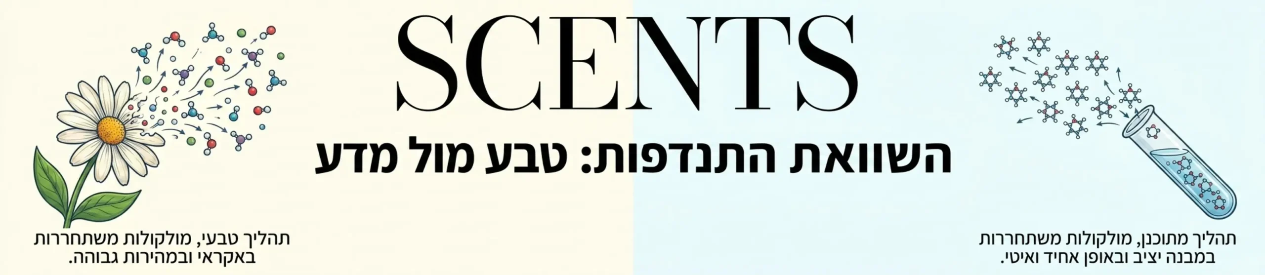 אינפוגרפיקה המציגה חצייה של מסך לשניים בצד אחד איור של פרח עם מולקולות שמתנדפות במהירות באוויר ובצד השני מבחנת מעבדה המפיצה מולקולות מסודרות במבנה יציב ואחיד שמרחפות לאט ובאופן שווה