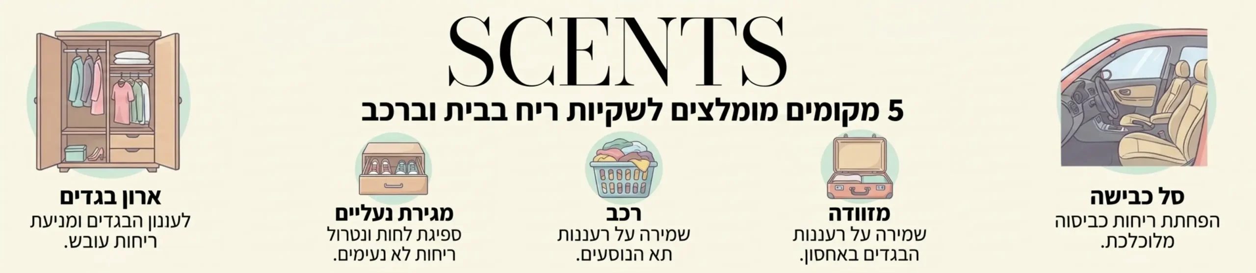 אינפוגרפיקה מאוירת המציגה 5 רעיונות למיקומים מומלצים עבור שקיות ריח ברחבי הבית והרכב, הכוללת אייקונים של ארון בגדים, מגירת נעליים, רכב, מזוודה וסל כביסה