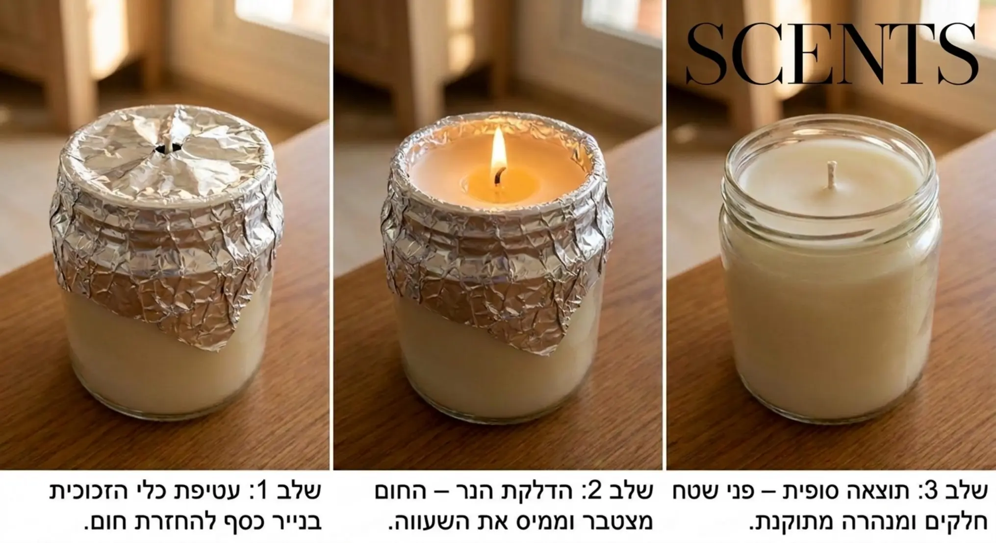 סדרת תמונות המדגימה את שיטת נייר הכסף לתיקון מנהרה, משלב עטיפת חלקו העליון של כלי הזכוכית ועד להמסה מלאה וחלקה של פני השטח