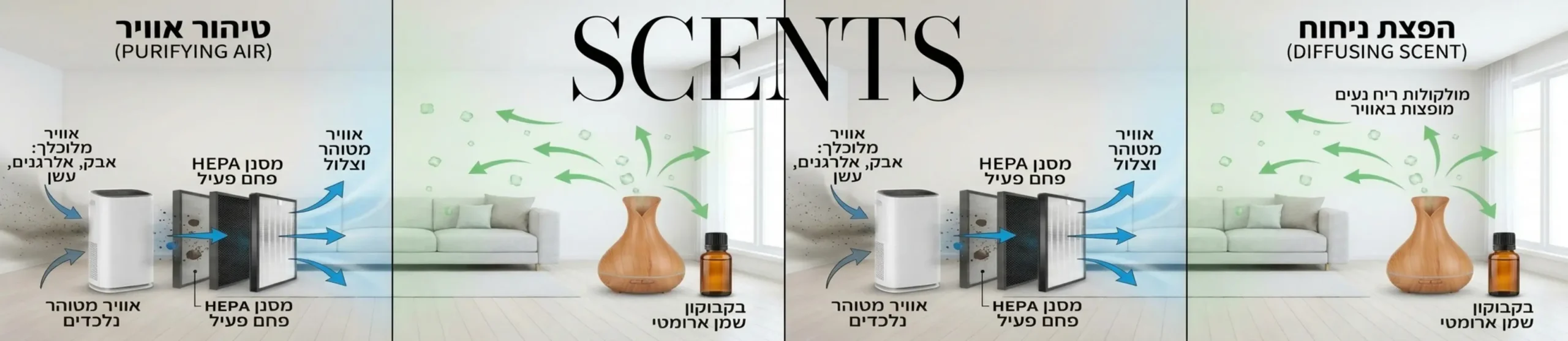 אינפוגרפיקה המחלקת חדר לשניים בצד אחד מוצג אוויר נשאב למסנן ומתנקה מחלקיקים ובצד השני מוצג מכשיר המפזר מולקולות ריח נעימות באוויר מתוך בקבוקון שמן ארומטי