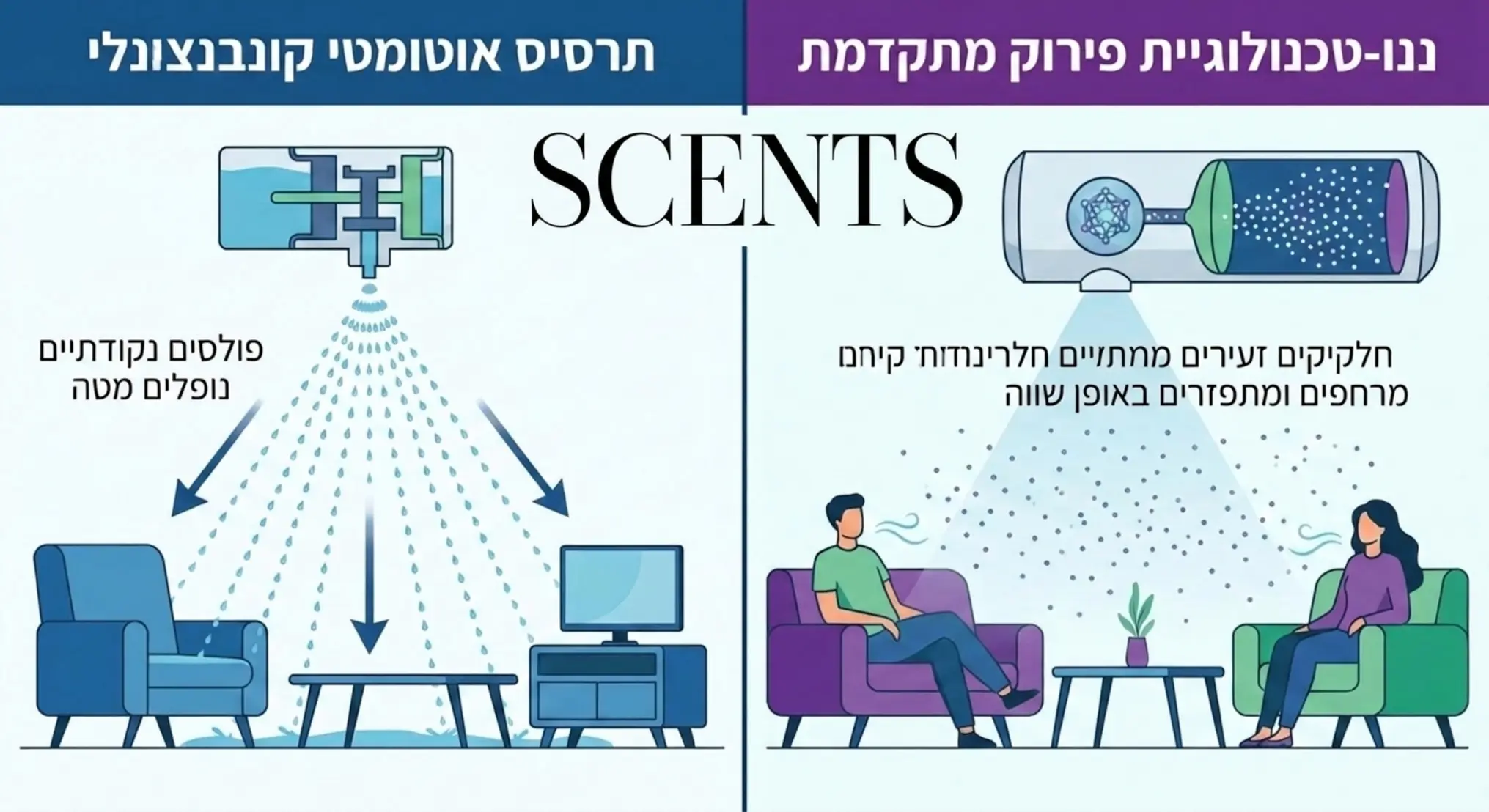 אינפוגרפיקה מקצועית המחלקת את המסך לשניים. בצד אחד איור של מנגנון תרסיס אוטומטי הפועל בפולסים נקודתיים שנופלים כלפי מטה, ובצד השני איור של טכנולוגיית ננו מתקדמת המפרקת שמן ארומטי לחלקיקים זעירים המרחפים ומתפזרים באופן שווה בכל חלל החדר