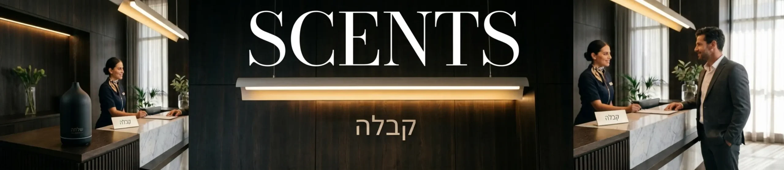 צילום תקריב של דיפיוזר ריח יוקרתי בצבע שחור מט מונח על דלפק קבלה מעוצב בבית מלון בוטיק, ברקע רואים לקוח מקבל שירות מפקיד הקבלה כשהאווירה כולה משדרת רוגע, אלגנטיות ויוקרה מודרנית