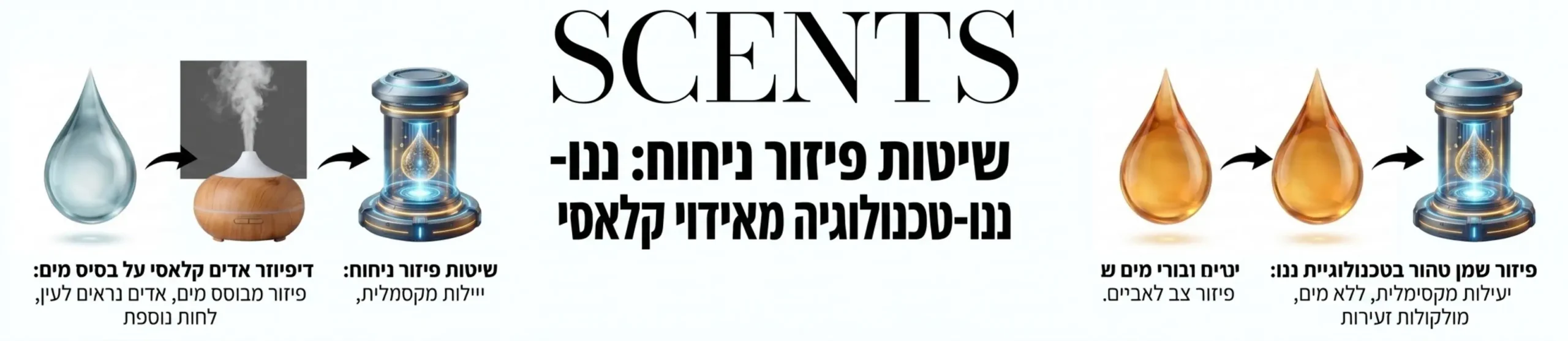 אינפוגרפיקה מקצועית המחלקת את המסך לשניים. בצד ימין מופיעה טיפת שמן טהור בצבע ענבר עם חץ המוביל למכשיר ננו טכנולוגיה מתקדם, ובצד שמאל מופיעה טיפת מים כחלחלה עם חץ המוביל לדיפיוזר אדים קלאסי המפיץ עשן לבן.