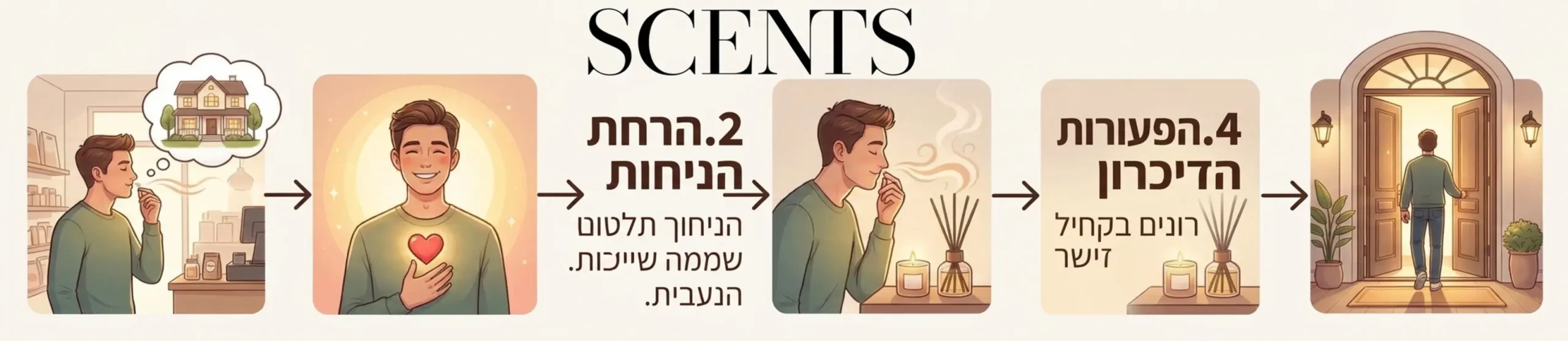 אינפוגרפיקה המחולקת לארבעה שלבים המציגה את מסע האורח: מכניסה לבית, הרחת הניחוח, יצירת החיבור הרגשי, ועד השלב שבו האורח נזכר בבית כשהוא מריח ריח דומה במקום אחר