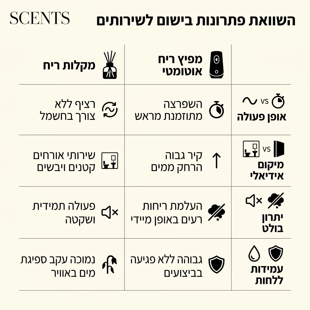 אינפוגרפיקה — השוואת פתרונות בישום לשירותים: השוואה בין מקלות ריח, מפיץ ריח אוטומטי
