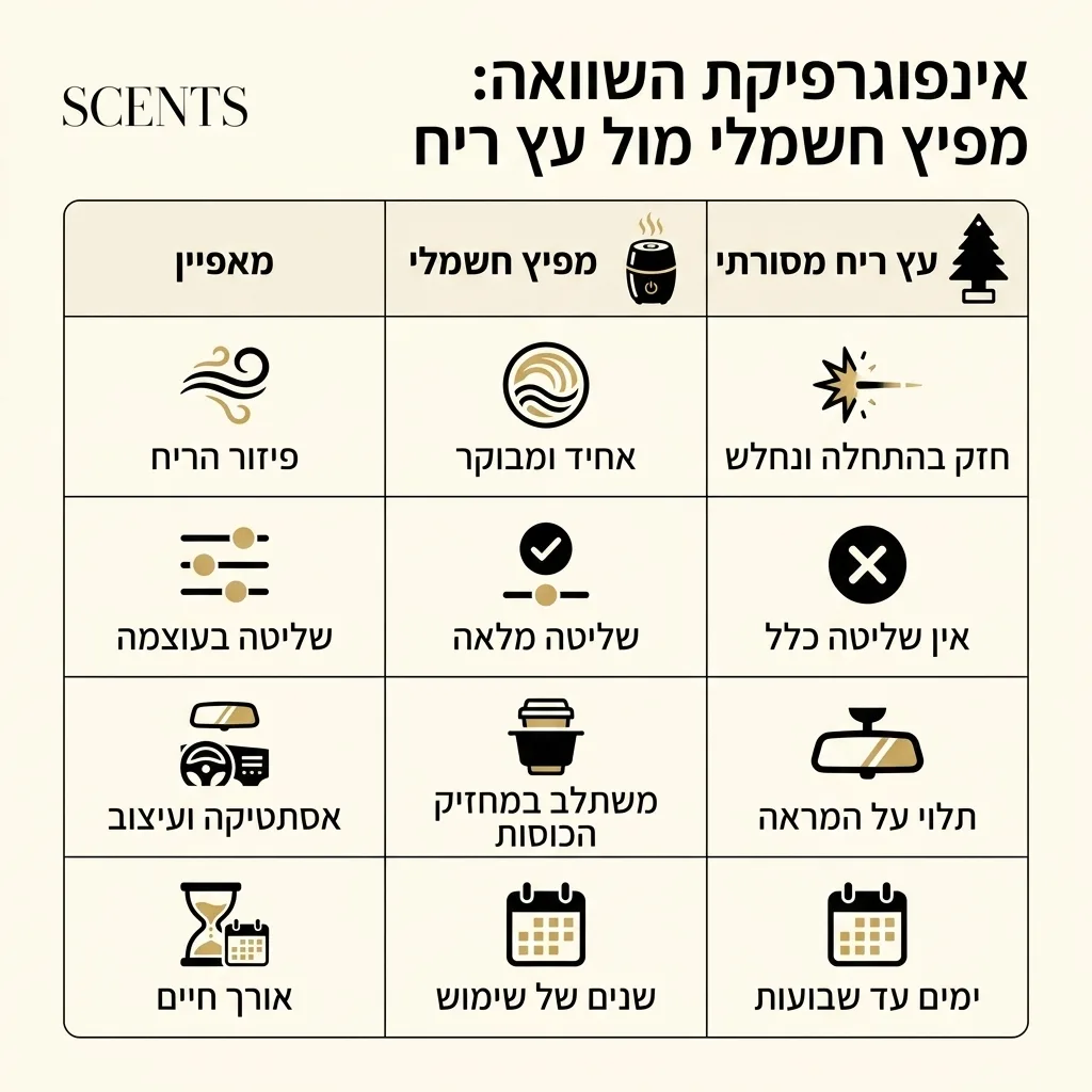 אינפוגרפיקה — מפיץ חשמלי מול עץ ריח: השוואה בין מפיץ חשמלי, עץ ריח מסורתי