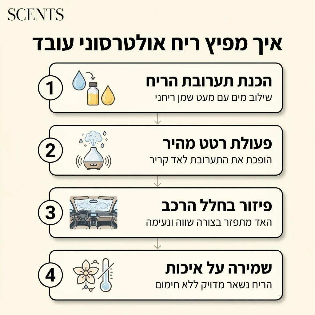 אינפוגרפיקה — איך מפיץ ריח אולטרסוני עובד: הכנת תערובת הריח, פעולת רטט מהיר, פיזור בחלל הרכב, שמירה על איכות