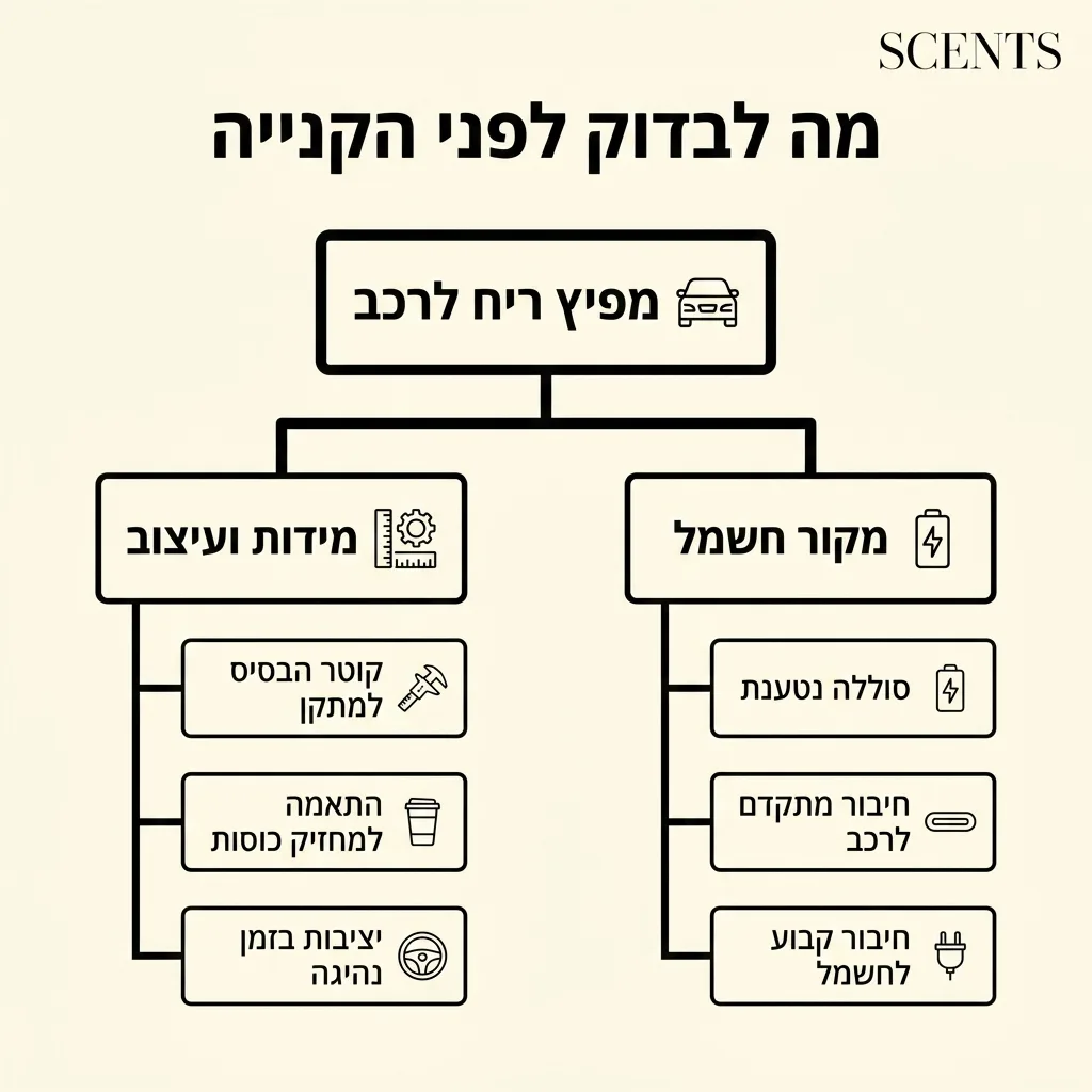 אינפוגרפיקה — מה לבדוק לפני הקנייה: מפיץ ריח לרכב
