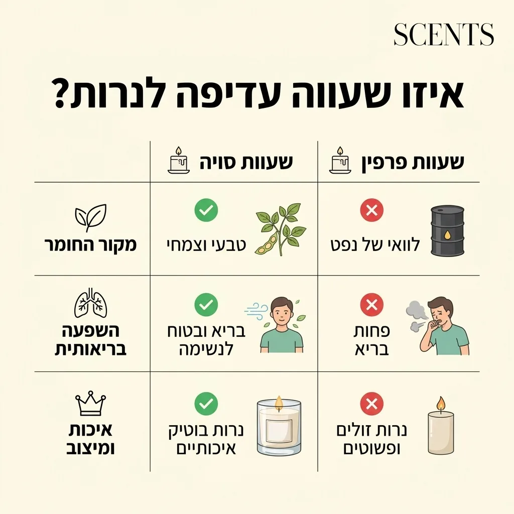אינפוגרפיקה — איזו שעווה עדיפה לנרות?: השוואה בין שעוות סויה, שעוות פרפין